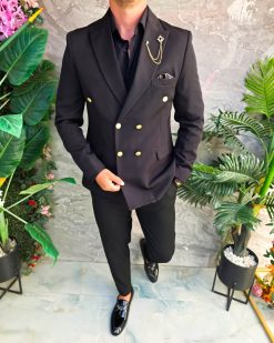 Sacou de barbati, Slim Fit, Blazer, Negru cu butoni metalici aurii - SC53