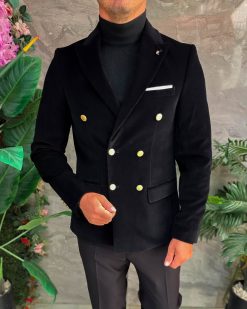 Alternative view of Sacou bărbătesc negru catifea raiat double-breasted cu nasturi aurii -SC1105