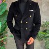 Sacou bărbătesc negru catifea raiat double-breasted cu nasturi aurii -SC1105
