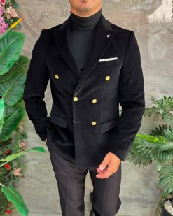 Sacou bărbătesc negru catifea raiat double-breasted cu nasturi aurii -SC1105