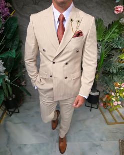 Costum bărbătesc Double-Breasted – Bej cu dungi fine - C5323
