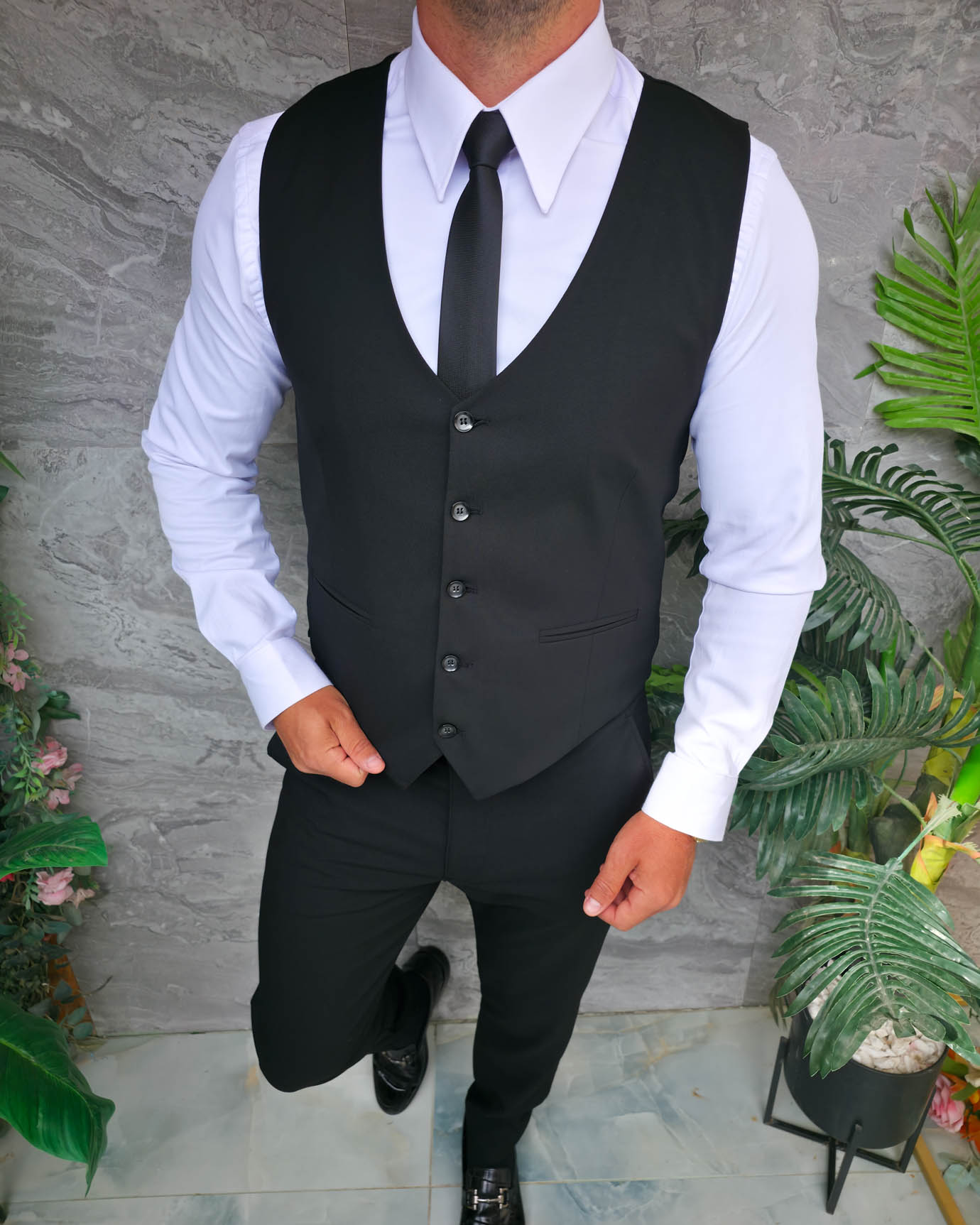 Compleu de barbati, Vesta si Pantalon, Negru- CU301 - imagine 2