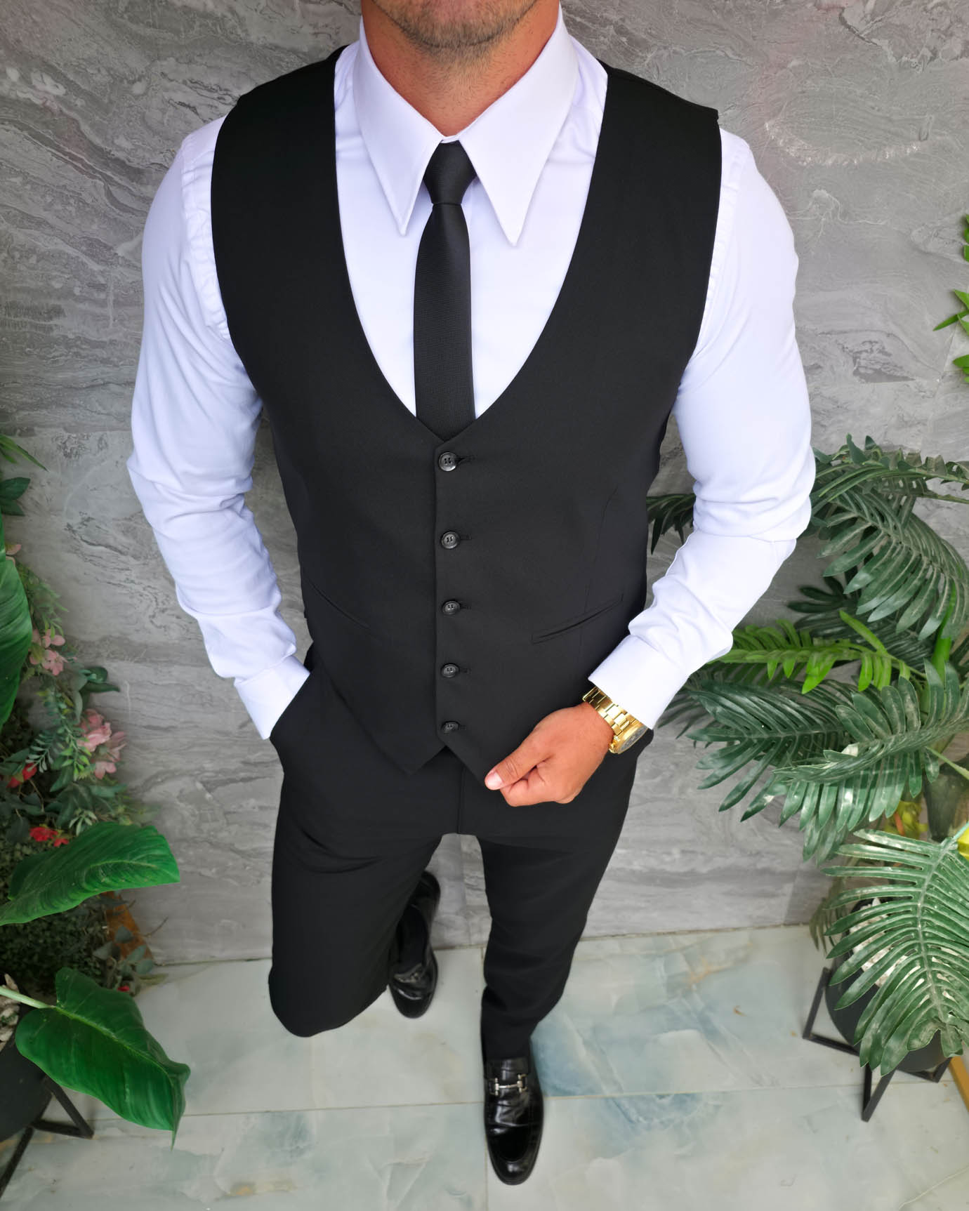 Compleu de barbati, Vesta si Pantalon, Negru- CU301 - imagine 3