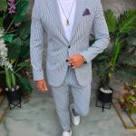 Costum de bărbați, Albastru dungi albe: Sacou si Pantalon - C5343