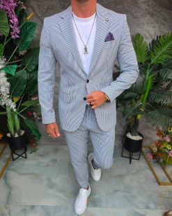 Costum de bărbați, Albastru dungi albe: Sacou si Pantalon - C5343