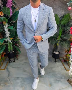 Costum de bărbați, Albastru cu dungi albe: Sacou si Pantalon - C5348