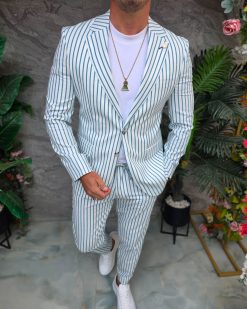 Costum de bărbați, Alb cu dungi albastre: Sacou si Pantalon - C5344
