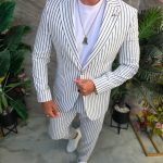 Men's suit, white with blue stripes: Jacket and trousers - C5350