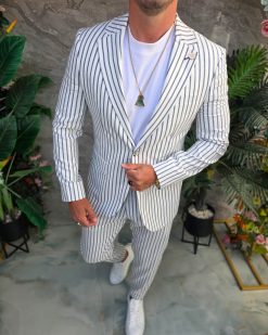 Costum de bărbați, Alb cu dungi albastre: Sacou si Pantalon - C5350