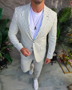 Costum de bărbați, Alb cu dungi verzi: Sacou si Pantalon - C5352