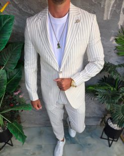 Costum de bărbați, Alb cu dungi crem: Sacou si Pantalon - C5353