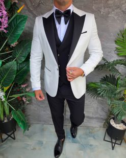 Costum ceremonie Alb/Negru barbati Set: Sacou, Vesta, Pantalon, Papion- C5372