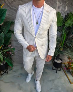 Alternative view of Costum de bărbați, Alb cu dungi crem: Sacou si Pantalon - C5353