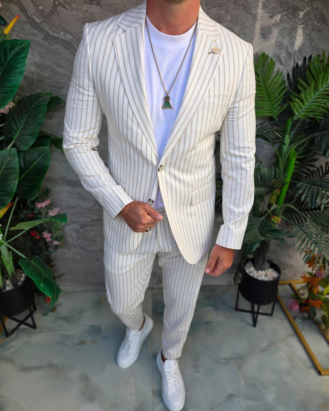 Costum de bărbați, Alb cu dungi crem: Sacou si Pantalon - C5353 - imagine 2