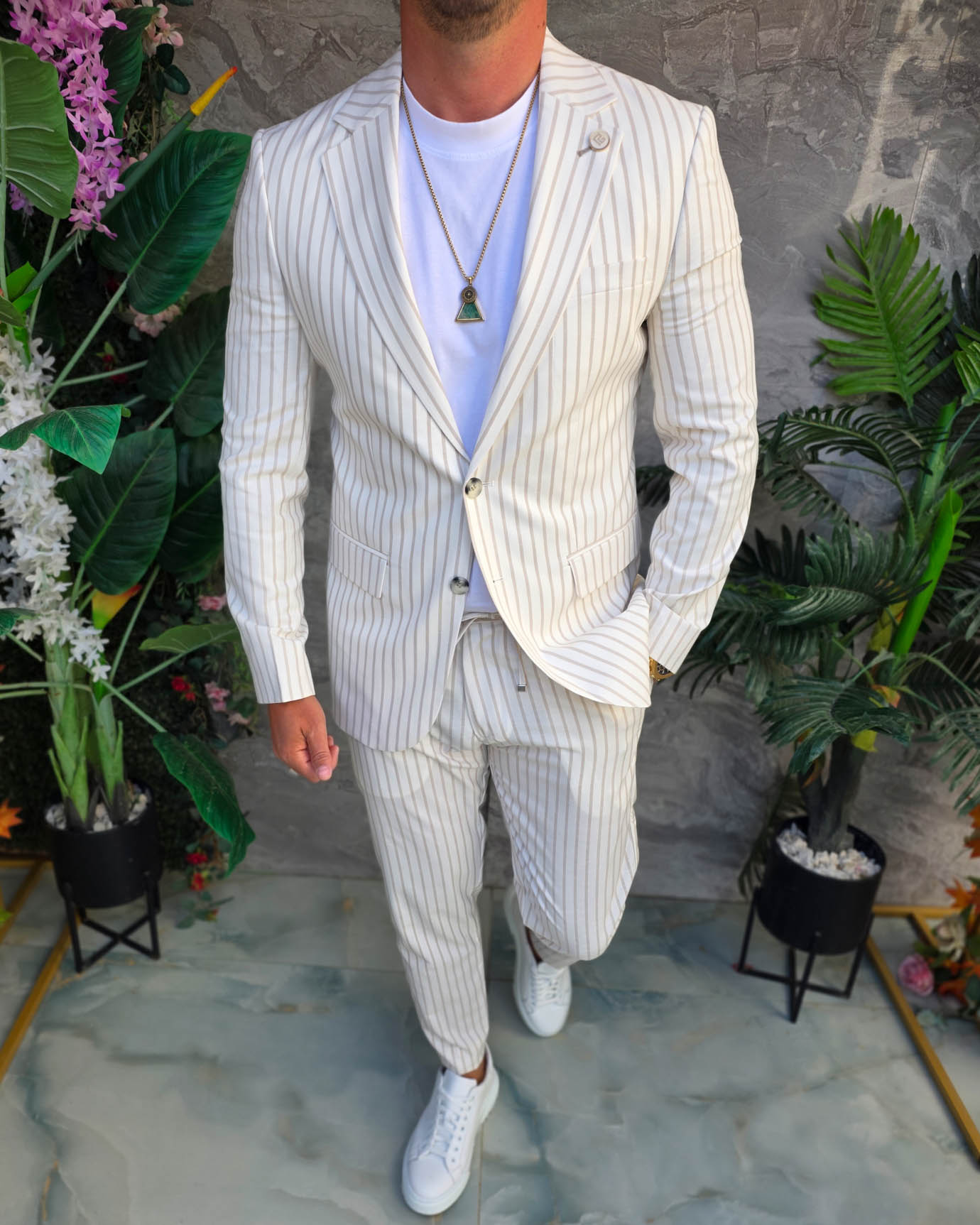 Costum de bărbați, Alb cu dungi crem: Sacou si Pantalon - C5353 - imagine 3