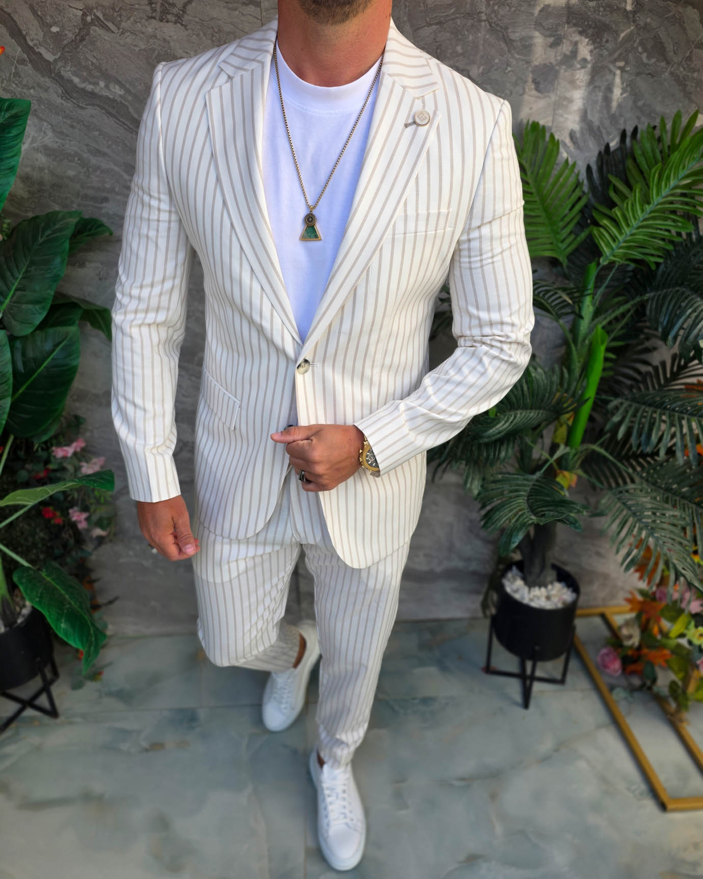 Costum de bărbați, Alb cu dungi crem: Sacou si Pantalon - C5353 - imagine 4