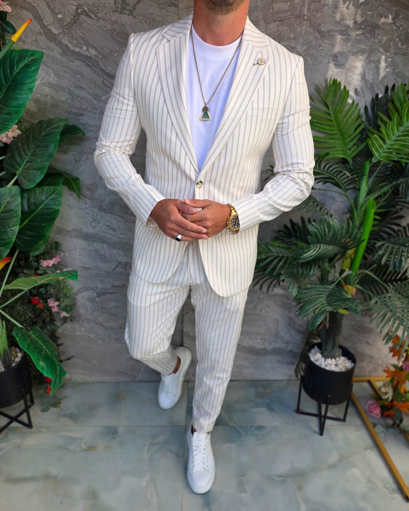 Costum de bărbați, Alb cu dungi crem: Sacou si Pantalon - C5353 - imagine 5