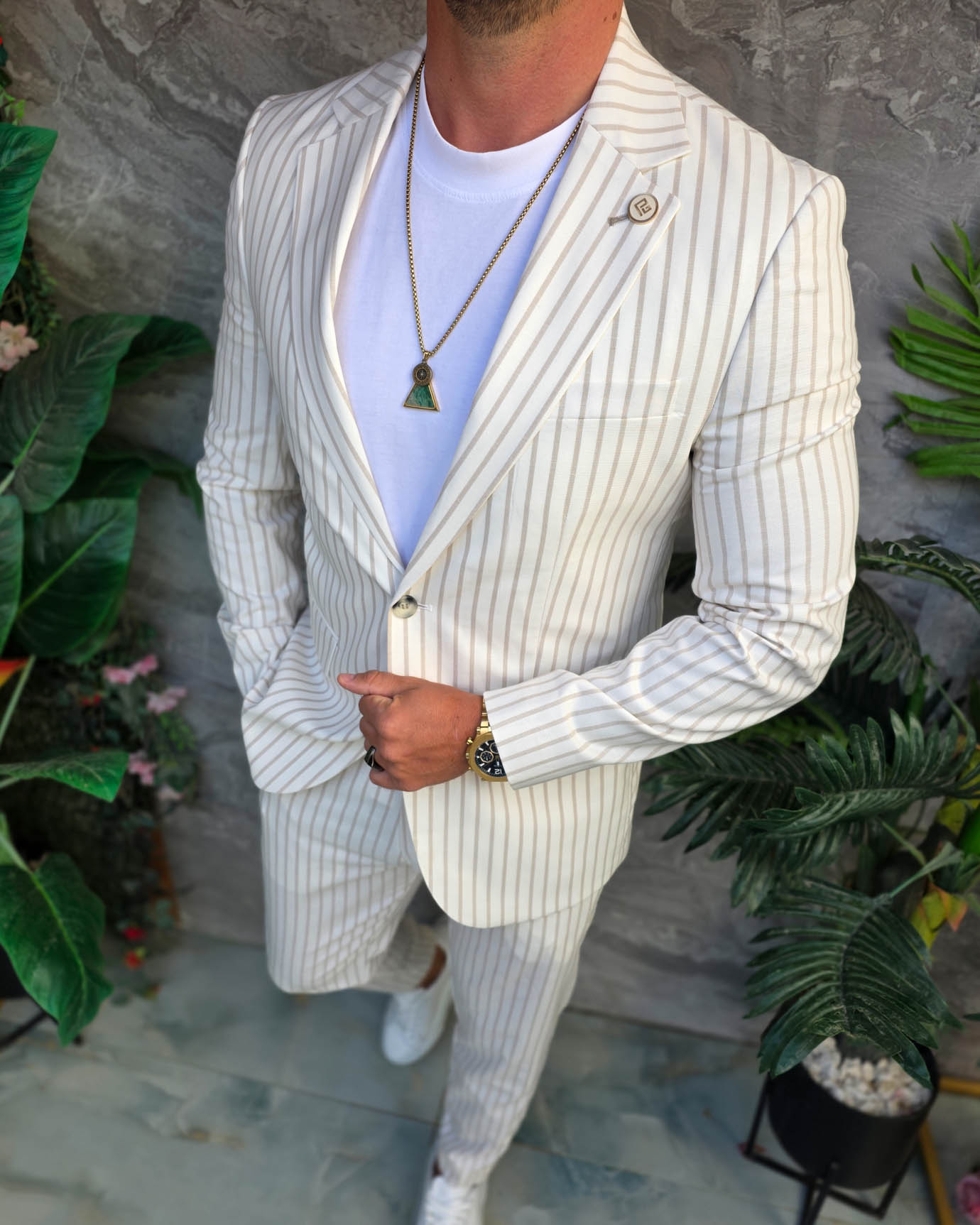 Costum de bărbați, Alb cu dungi crem: Sacou si Pantalon - C5353 - imagine 6