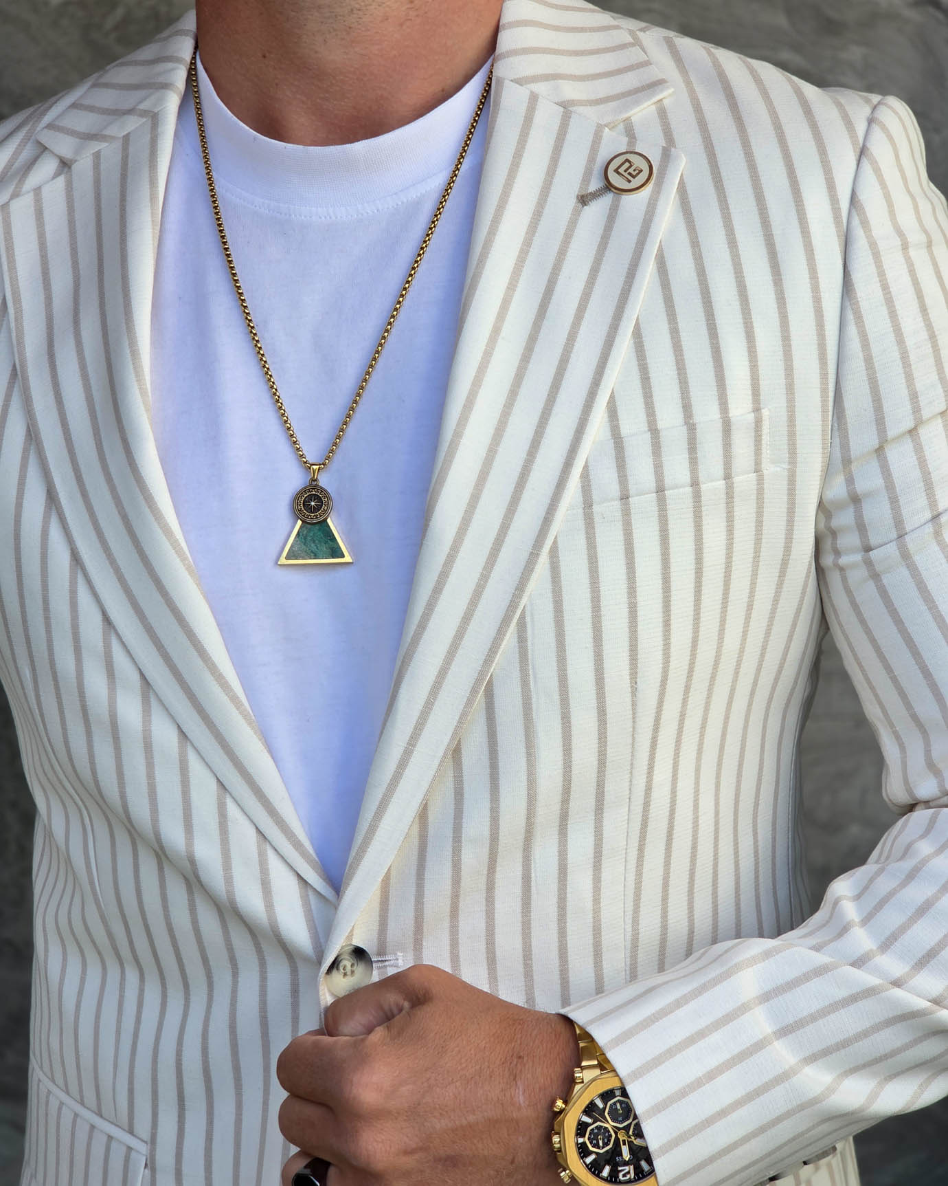 Costum de bărbați, Alb cu dungi crem: Sacou si Pantalon - C5353 - imagine 7