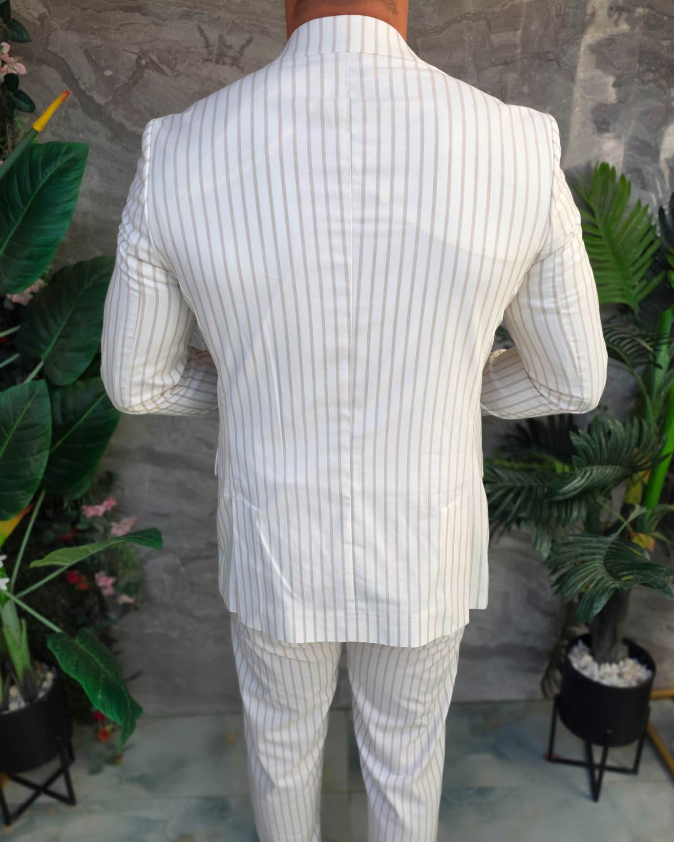 Costum de bărbați, Alb cu dungi crem: Sacou si Pantalon - C5353 - imagine 8