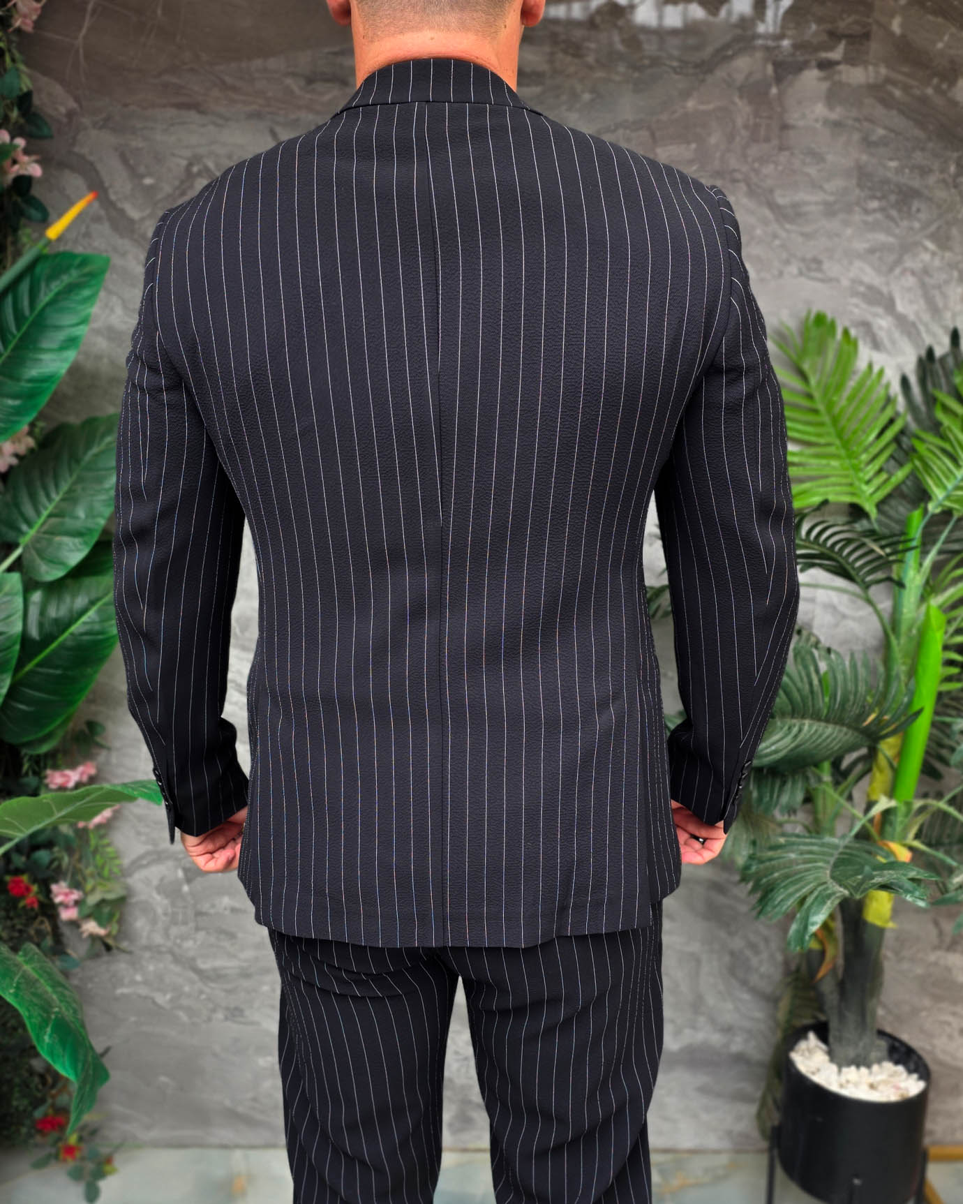 Costum de bărbați, Negru cu dungi albe: Sacou si Pantalon - C5356 - imagine 6