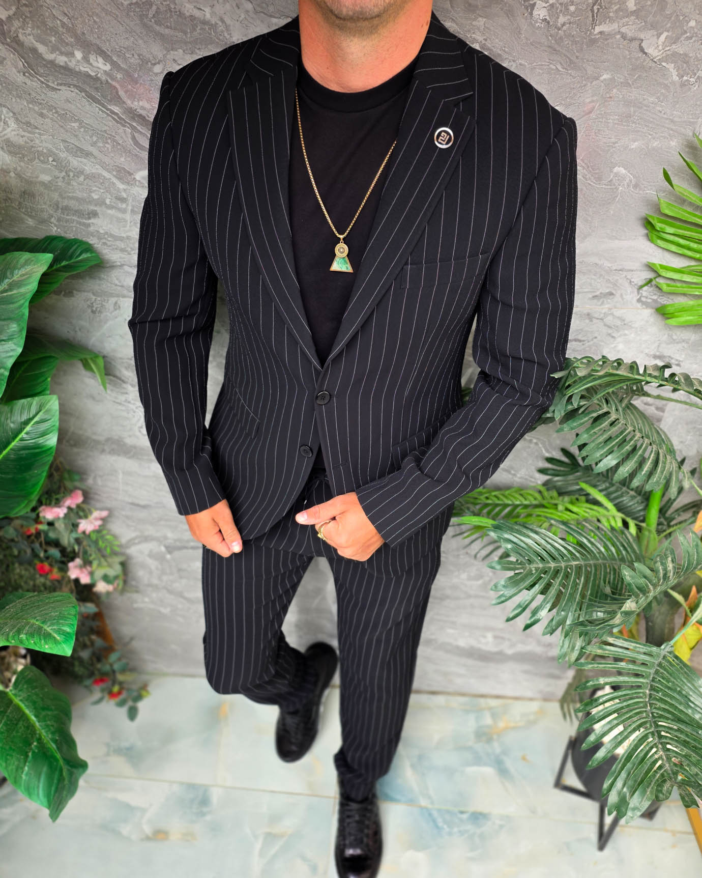 Costum de bărbați, Negru cu dungi albe: Sacou si Pantalon - C5356 - imagine 3