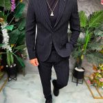 Costum de bărbați, Negru cu dungi albe: Sacou si Pantalon - C5356
