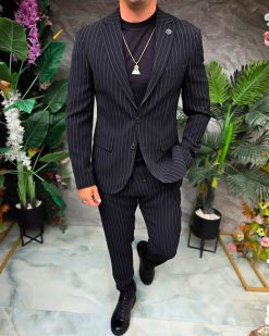 Costum de bărbați, Negru cu dungi albe: Sacou si Pantalon - C5356