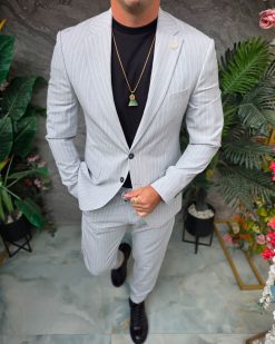 Costum de bărbați, Gri cu dungi albe: Sacou si Pantalon - C5357