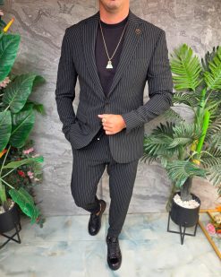 Alternative view of Costum de bărbați, Negru cu dungi albe: Sacou si Pantalon - C5359