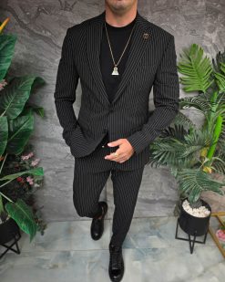 Costum de bărbați, Negru cu dungi albe: Sacou si Pantalon - C5359