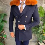 Manteau long pour homme bleu marine avec col en fourrure marron - PT515