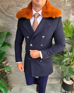 Palton lung bărbătesc bleumarin cu guler din blană maro- PT515