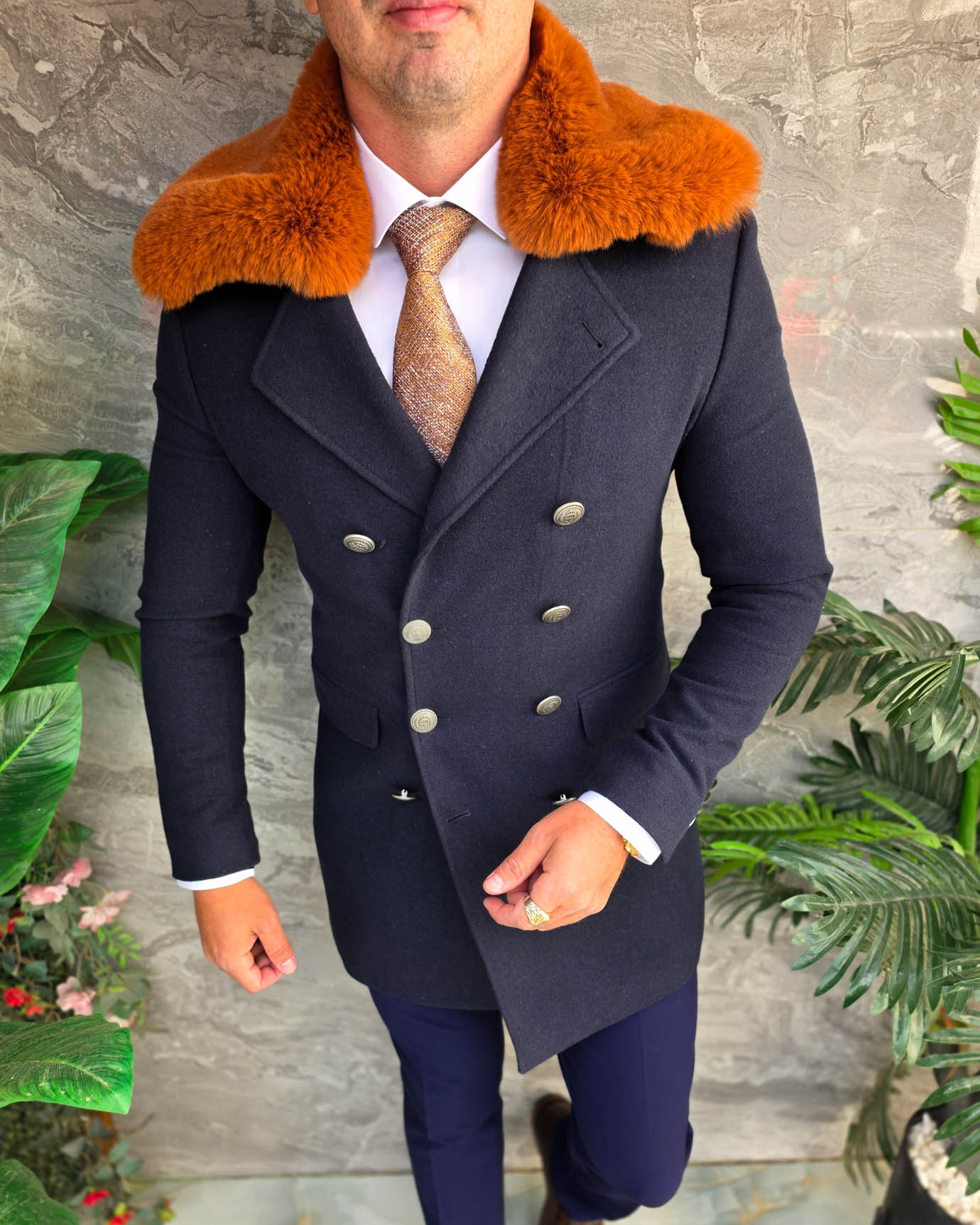 Palton lung bărbătesc bleumarin cu guler din blană maro- PT515 - imagine 5