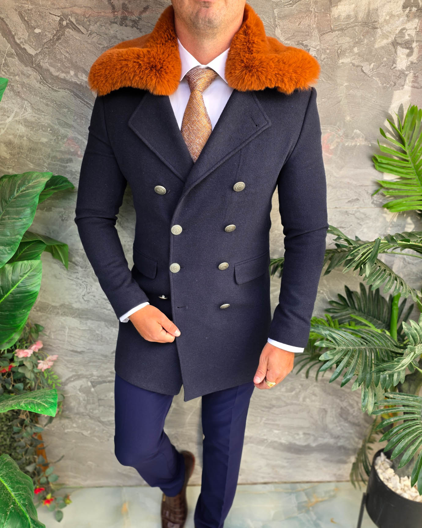 Palton lung bărbătesc bleumarin cu guler din blană maro- PT515 - imagine 3