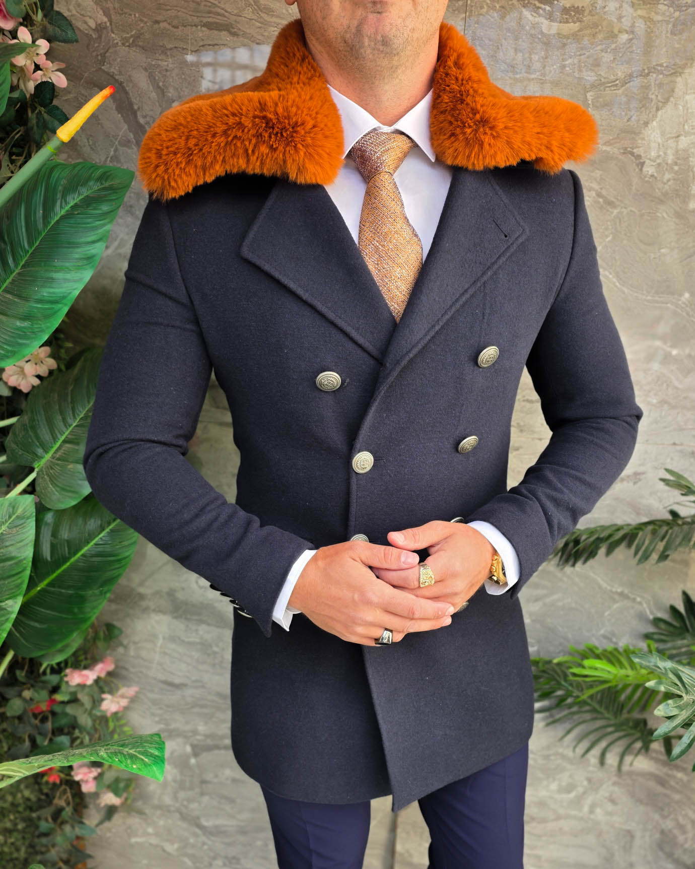 Palton lung bărbătesc bleumarin cu guler din blană maro- PT515 - imagine 7