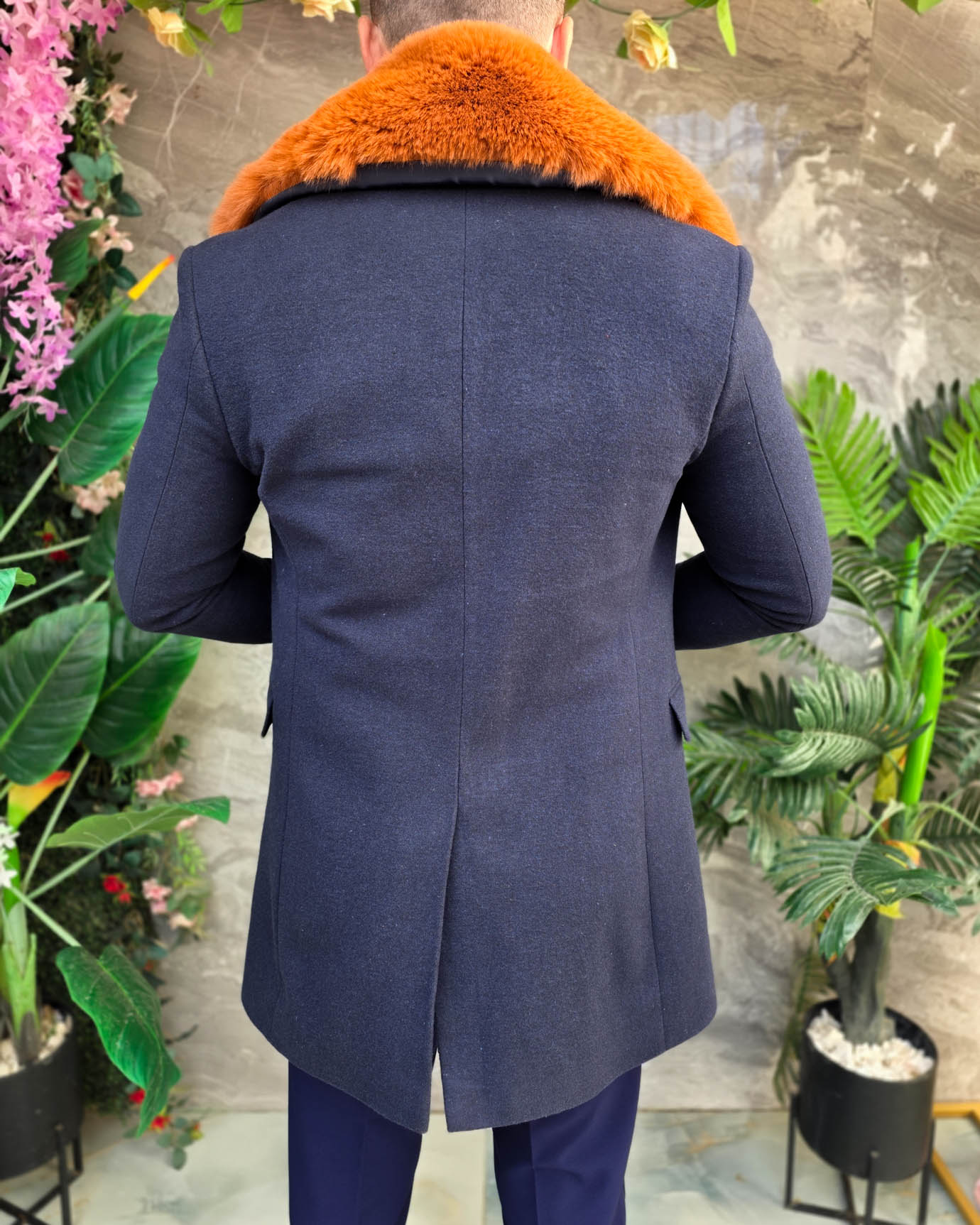 Palton lung bărbătesc bleumarin cu guler din blană maro- PT515 - imagine 8