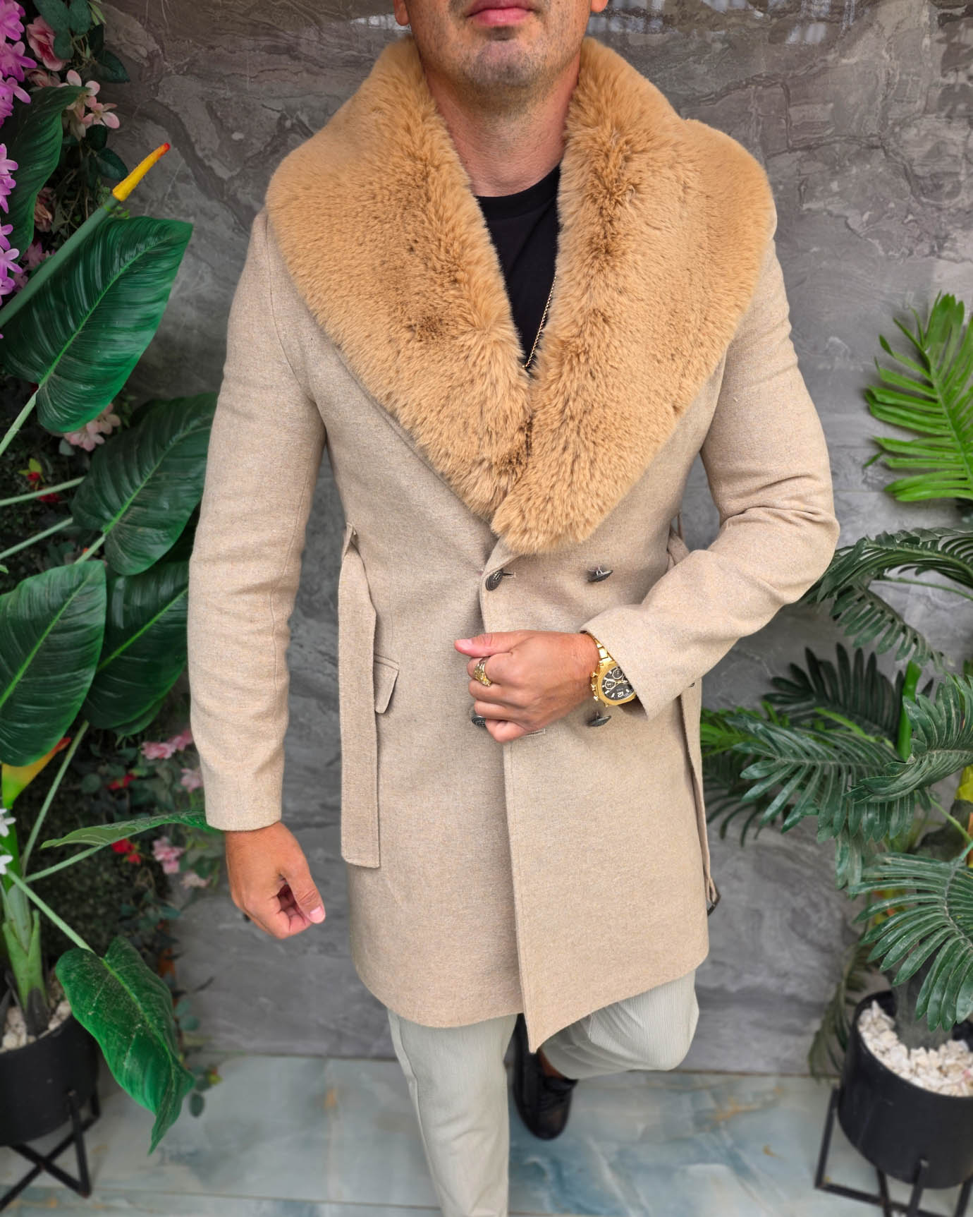 Palton lung bărbătesc bej cu guler din blană crem- PT514 - imagine 3