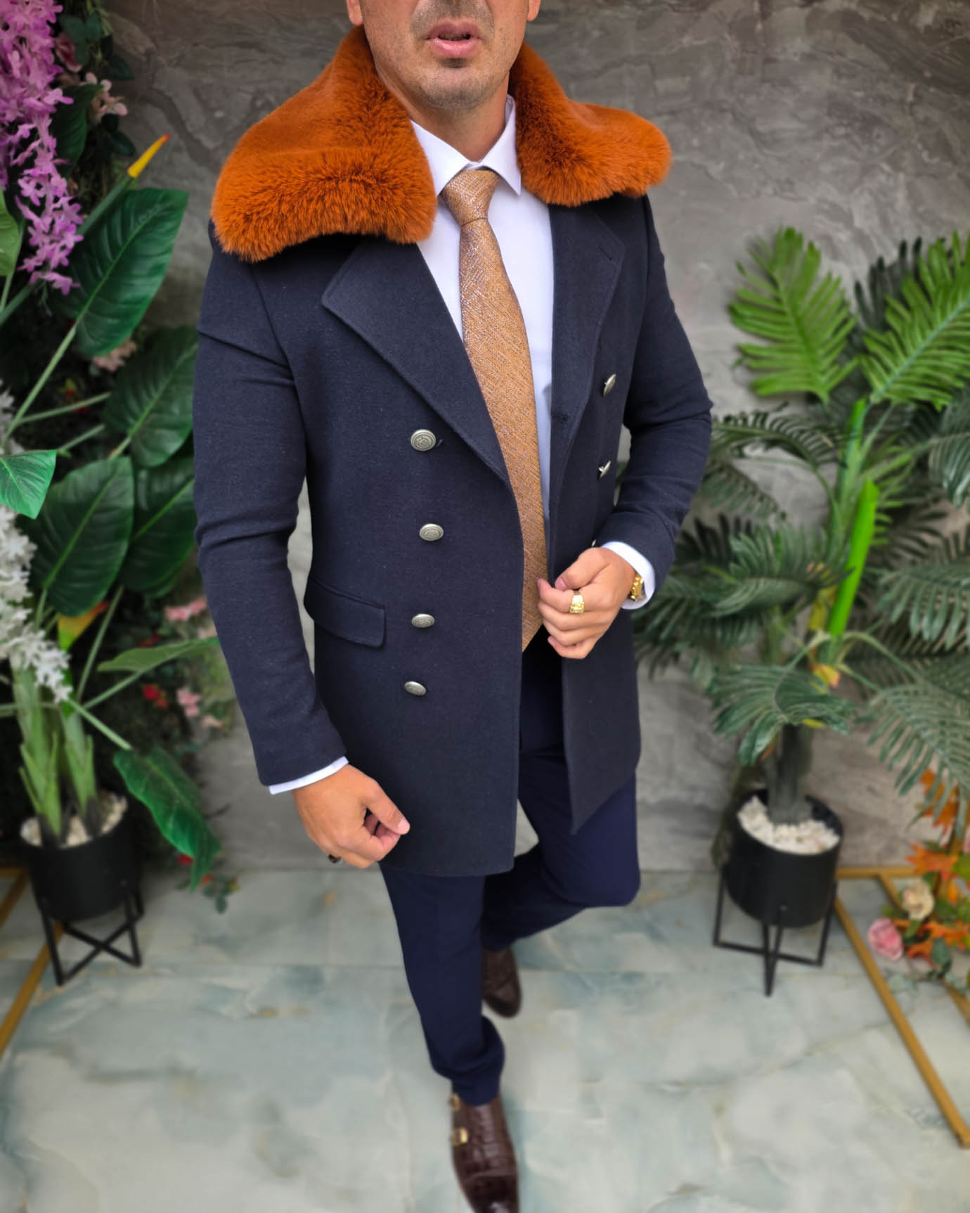 Palton lung bărbătesc bleumarin cu guler din blană maro- PT515 - imagine 2