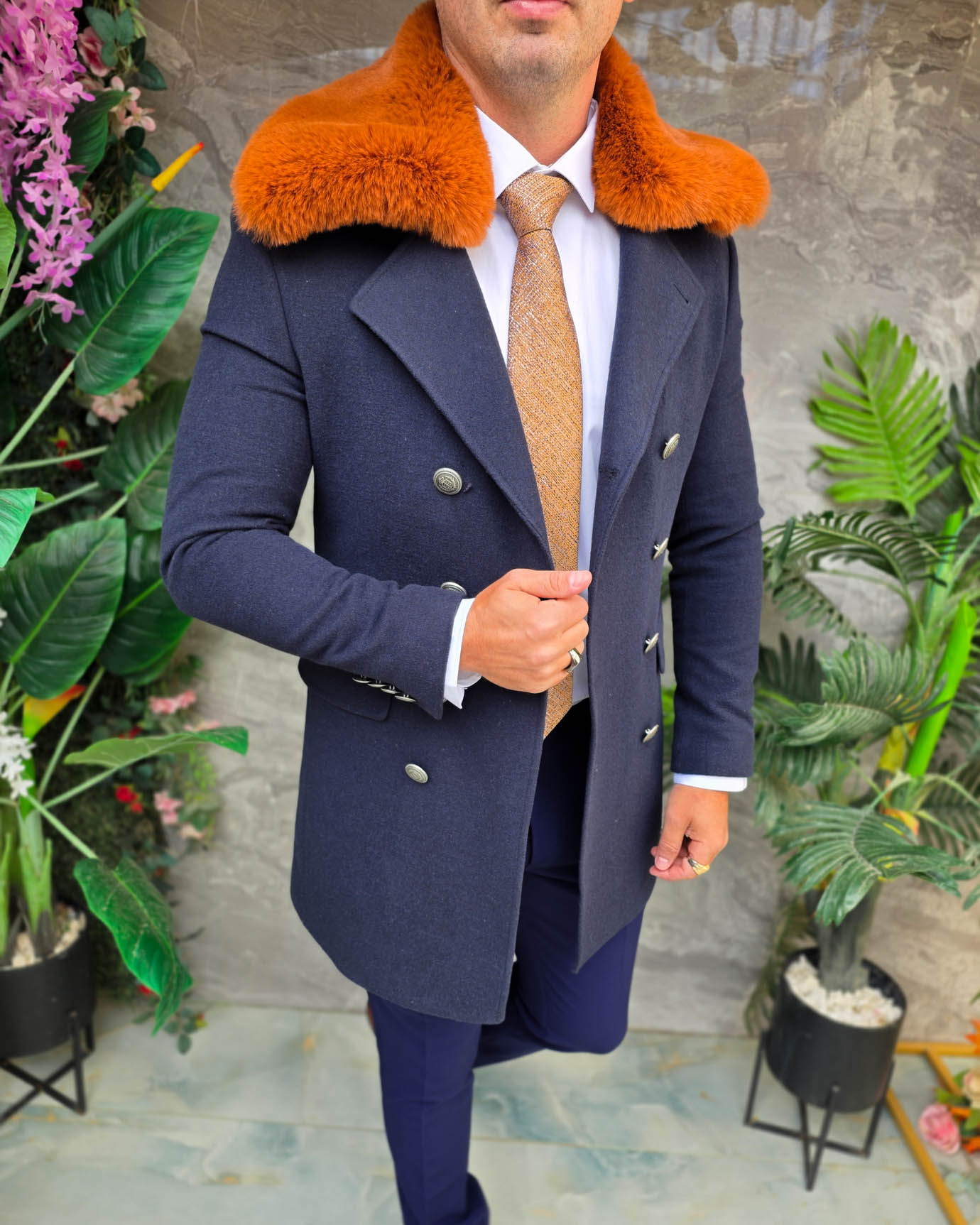 Palton lung bărbătesc bleumarin cu guler din blană maro- PT515 - imagine 6