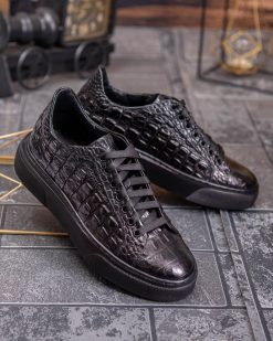 Sneaker de barbati, negri, din piele naturala, model croc, semi-lac- P1926
