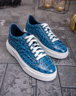 Alternative view of Sneaker de barbati, albastri, din piele naturala, model croc, semi-lac- P1927