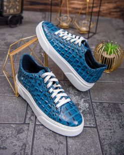 Sneaker de barbati, albastri, din piele naturala, model croc, semi-lac- P1927