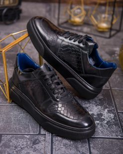 Sneaker de barbati, negru, din piele naturala, model croc, semi-lac- P1929