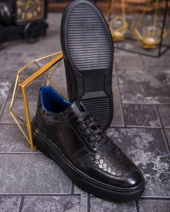 Alternative view of Sneaker de barbati, negru, din piele naturala, model croc, semi-lac- P1929