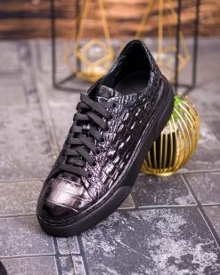 Alternative view of Sneaker de barbati, negri, din piele naturala, model croc, semi-lac- P1926