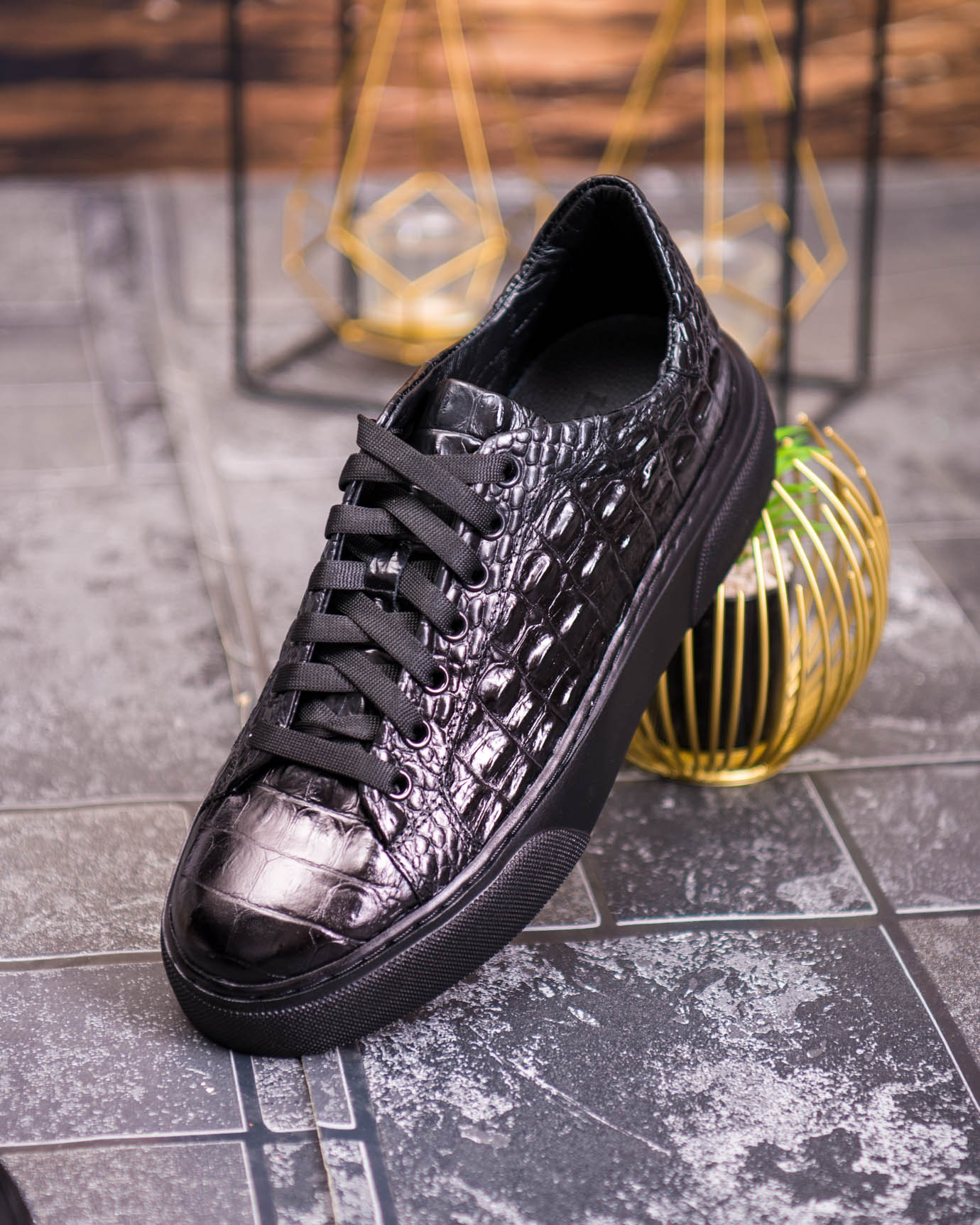 Sneaker de barbati, negri, din piele naturala, model croc, semi-lac- P1926 - imagine 2