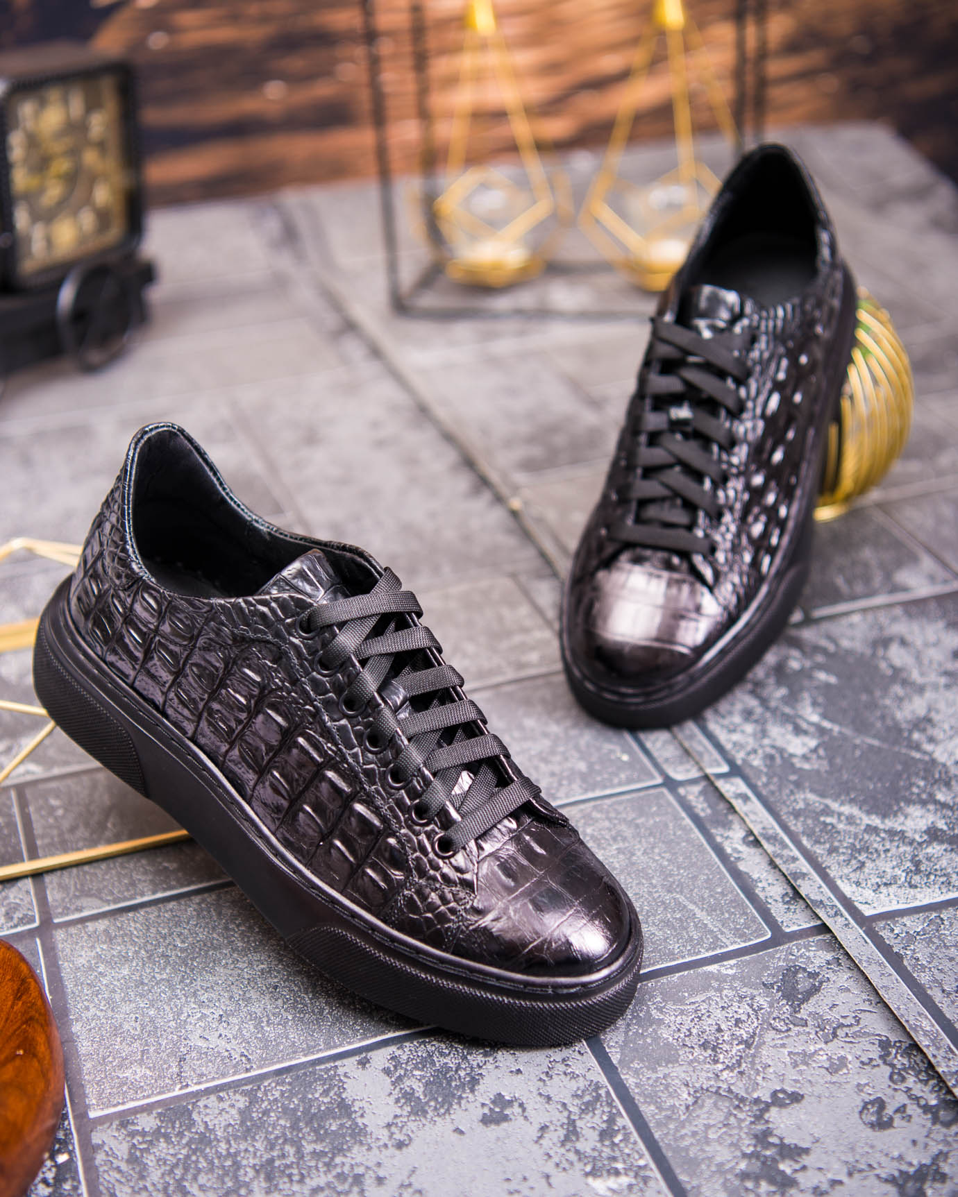 Sneaker de barbati, negri, din piele naturala, model croc, semi-lac- P1926 - imagine 3