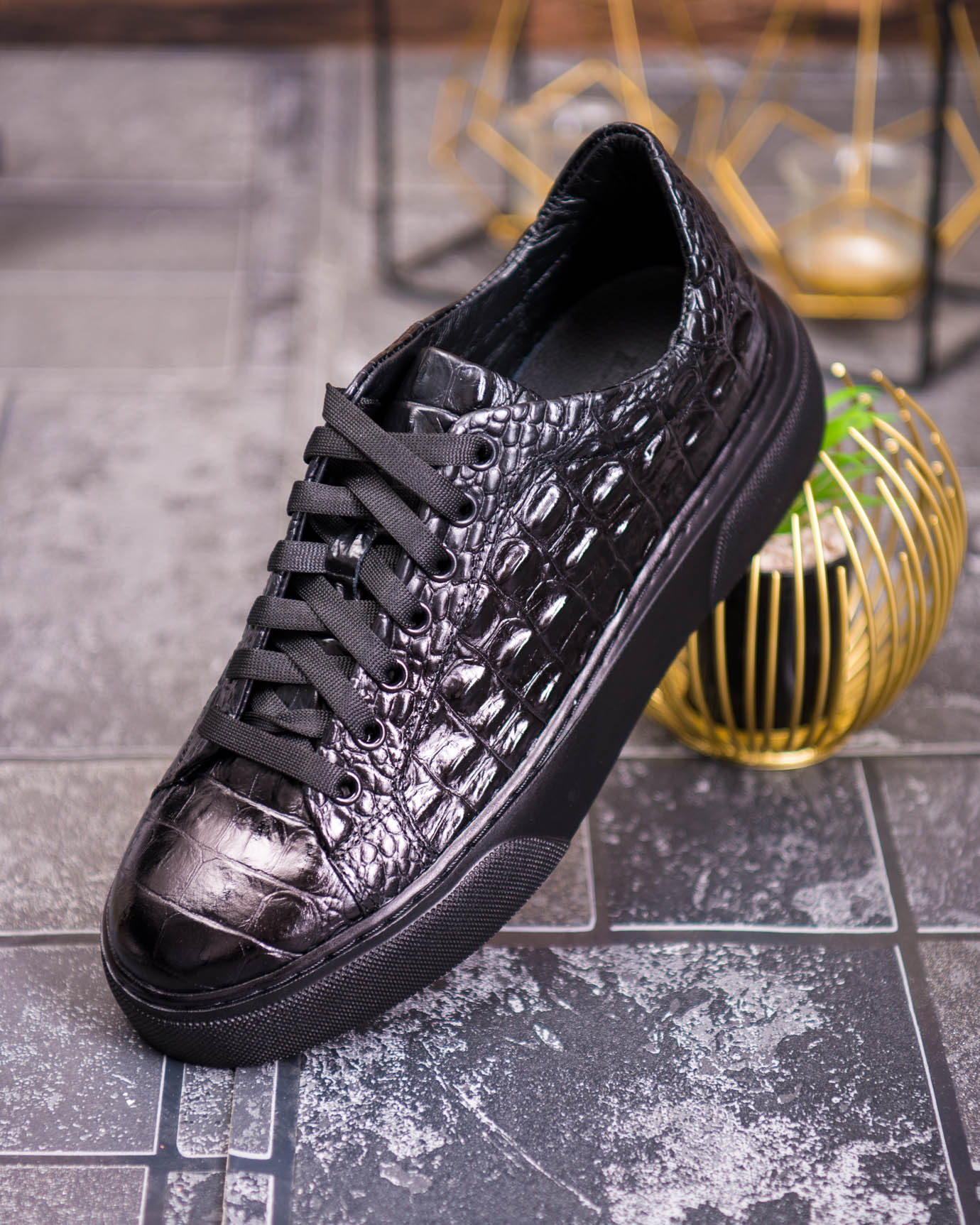 Sneaker de barbati, negri, din piele naturala, model croc, semi-lac- P1926 - imagine 5
