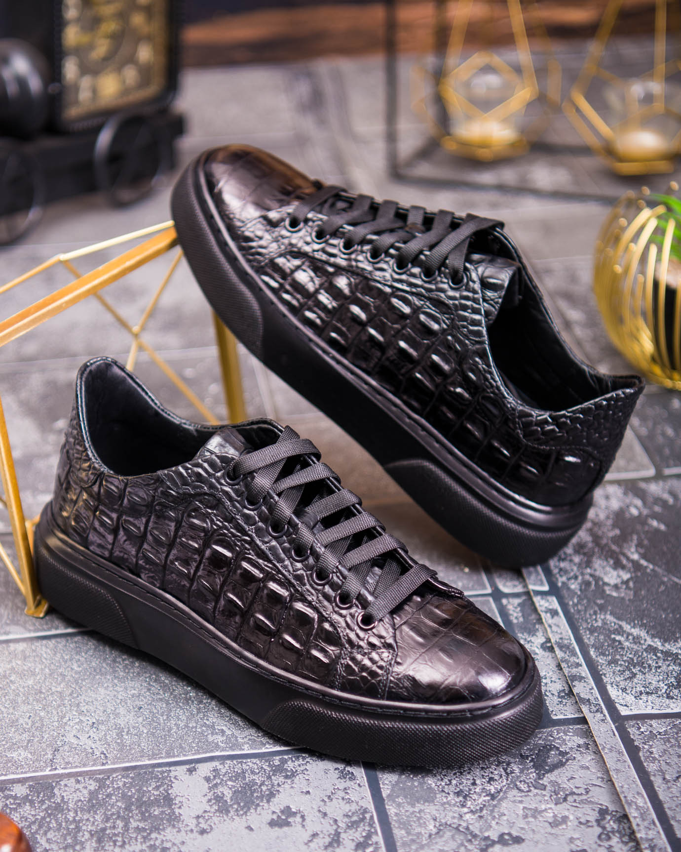 Sneaker de barbati, negri, din piele naturala, model croc, semi-lac- P1926 - imagine 6